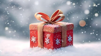 Close-up of a gift box on a snow-covered Christmas tree, Generative AI