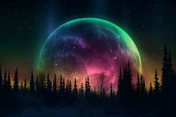 big colorful full moon behind a forest created with Generative AI technology