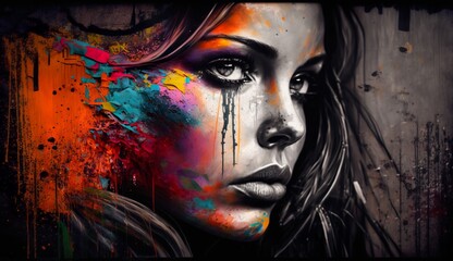 Graffiti inspired of a stunning lady made with AI generative technology, Person is fictional