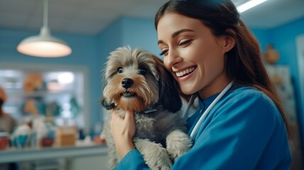 In clinics, a young veterinarian in a blue uniform is conversing with the female owner of a Welsh pembroker pet while cuddling a cute dog.Generative AI
