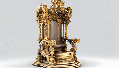 Detailed illustration of an ornate elaborate decorative golden throne for a king, queen or royalty isolated on a white background Ai generated image - obrazy, fototapety, plakaty