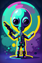 Alien in space, cartoon illustration. Generative AI