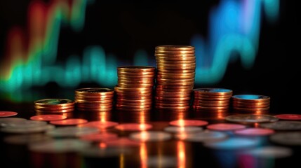 Rising stock graph and a stack of coins. Generative AI