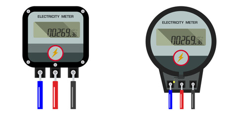 Electricity Meter, Power Meter, Electric Power Meter. Counter box with display for measure consumption of electrician, water and gas. Machine for control and economize energy. Vector.