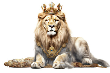 Obraz na płótnie Canvas The Royal White lion with luxury dress costume. Close up Portrait King lion with throne and crown isolated on clear png background. Generative AI.