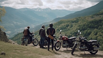 group of vintage riders perched on a cliff's edge with a stunning view of a mountain valley.The Generative AI
