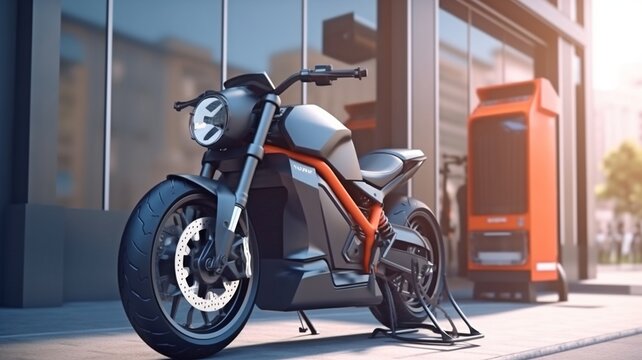 Electric motorcycle high-speed charging station with energy battery charging cable concept on city streets.The Generative AI