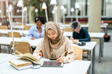 Multiethnic group of students sitting in a library and studying together
