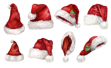 Watercolor hand-drawn Santa Clause hat collection, red hats isolated on white background.