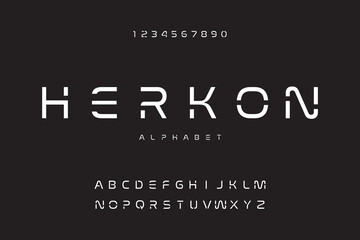 Herkon Modern minimalist alphabet futuristic vector font with a scifi theme. Stylized modern vector stylish font. Abstract technology science alphabet digital typography vector illustration design