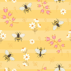 Honey bees and pink and white flowers on a yellow background with stripes. Seamless repeated surface vector pattern design. - obrazy, fototapety, plakaty