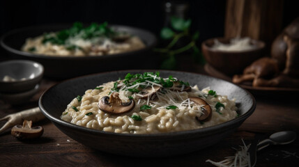 A bowl of creamy risotto, flavored with mushrooms, herbs, and a sprinkle of Parmesan cheese