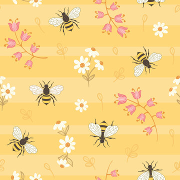 Honey bees and pink and white flowers on a yellow background with stripes. Seamless repeated surface vector pattern design.