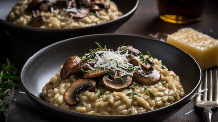 A bowl of creamy risotto, flavored with mushrooms, herbs, and a sprinkle of Parmesan cheese