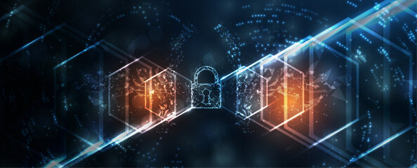 internet digital security technology concept for business background. Lock on circuit board