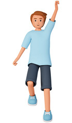 3d illustration of teenager boy jumping with one hand up. Happy young boy jump 3d illustration