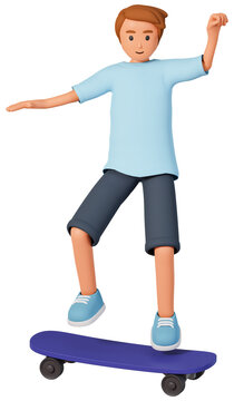 Teenage boy in shorts jump up in air on skateboard have fun joy 3d illustration