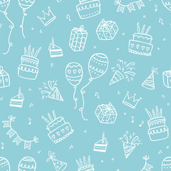 Fun hand drawn party seamless background with cakes, gift boxes, balloons and party decoration. Great for birthday parties, textiles, banners, wallpapers, wrapping - vector design