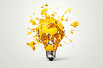 Crushed light bulb isolated on a flat white background with copy space. Creative concept of creativity, innovation, ideas and invention. Generative AI 3d render illustration imitation.