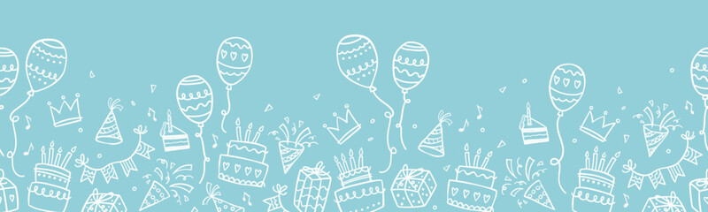 Fun hand drawn party seamless background with cakes, gift boxes, balloons and party decoration. Great for birthday parties, textiles, banners, wallpapers, wrapping - vector design - obrazy, fototapety, plakaty