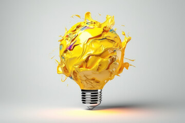 Crumpled paper lightbulb isolated on a flat grey background with copy space. Creative concept of creativity, innovation, ideas and invention.  Generative AI 3d render illustration imitation.