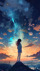 a sad lonely anime girl standing alone under a lightning sky, vertical phone screen artwork, ai generated image