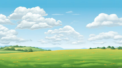 a beautiful peaceful lofi inspired anime cartoon landscape of a green field with clouds, ai generated image