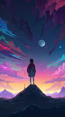 Fototapeta premium an asian inspired anime girl standing alone under a pink sky, screen wallpaper, ai generated image