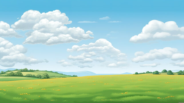 a beautiful peaceful lofi inspired anime cartoon landscape of a green field with clouds, ai generated image