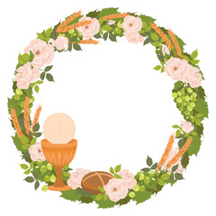 Symbols of the first communion in a round composition, wreath. Vector. Golden bowl for wine, bread, wine, grapes, white roses. Elements for beautiful invitation design.