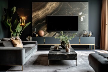 Lavish Living Room Sanctuary with Designer Furniture, High Ceilings, and Elegant Decorative Accents..
