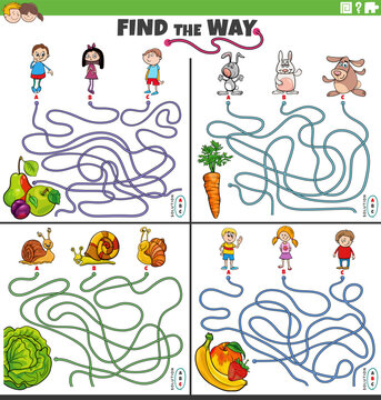 find the way maze games set with children and animals