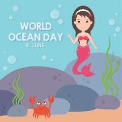 World Ocean Day illustration, happy cartoon mermaid in the sea, sea crab on seabed vector