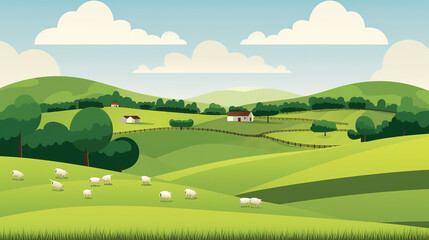 Obraz premium a calm cartoon inspired farmer town with sheeps on grass, ai generated image