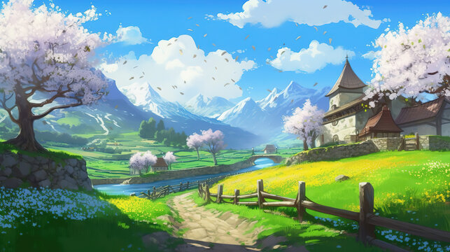 a wonderful little town entrance with cherry trees, anime artwork, ai generated image