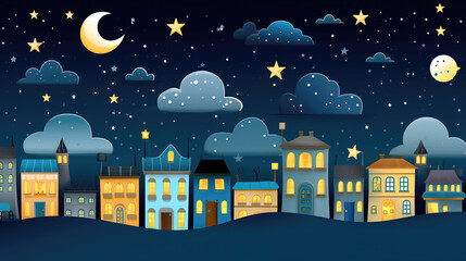 a row of houses in night, cute and sweety dream artwork, ai generated image