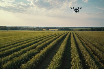 Fototapeta na wymiar Digital futuristic farming. Drone technology revolutionizing corn industry in serene summer landscape