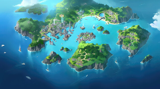 an aerial view of a haven at a untouched beach, anime mang artwork, ai generated image