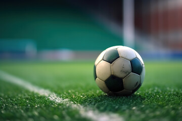 Fototapeta premium Fussball auf dem Fussballrasen in einem Stadion bei Flutlicht in der Nacht, Hintergrund Banner mit Textfreiraum