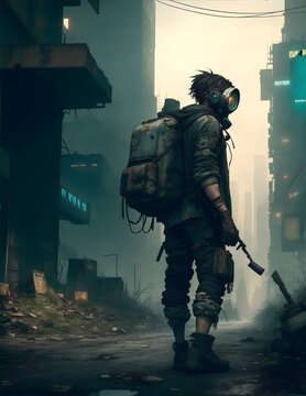 A lonely wanderer exploring a apocaliptic city. Generative AI