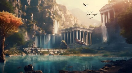 landscape ancient greek ruins and waterfalls, Generative AI