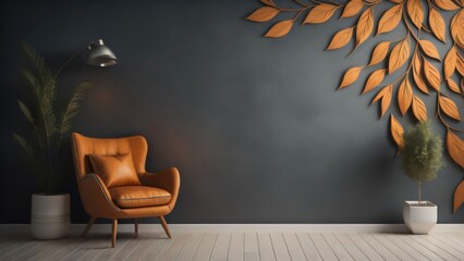 The interior has a armchair on empty wall background. Generative ai