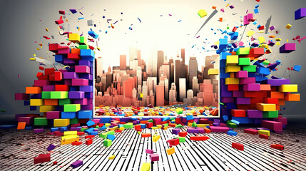 an epic colorful dimension into a modern cityl wallpaper, ai generated image