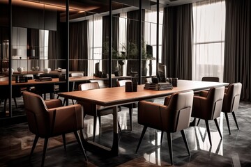 Dining room details. 3d render of luxurious dining room table with chairs and wooden details