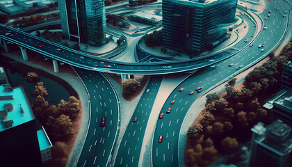 Overhead view of roads in a futuristic city with autonomous vehicles, overlay vehicle tracking system, advanced traffic management,intelligent transportation,and smart city concepts Ai generated image