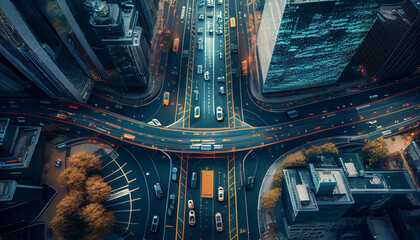 Overhead view of roads in a futuristic city with autonomous vehicles, overlay vehicle tracking system, advanced traffic management,intelligent transportation,and smart city concepts Ai generated image