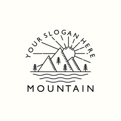line art mountain logo design, pine tree and sun for Hipster Adventure Travel
