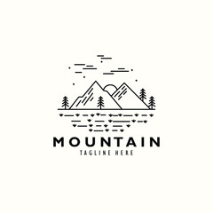 line art mountain logo design, pine tree and sun for Hipster Adventure Travel