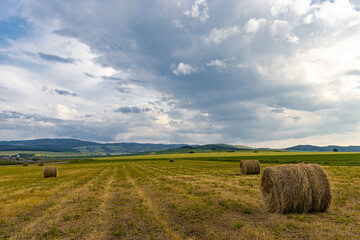Rural landscape photography of a field with straw bales in the summer. Photo was taken in mid day, with cloudy skies.