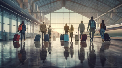 Fototapeta premium Generative AI, backview of passengers of different ethnic origin on the departure terminal of an airport. Travel theme, luggage. Backview of all kinds of people. Diversity theme.